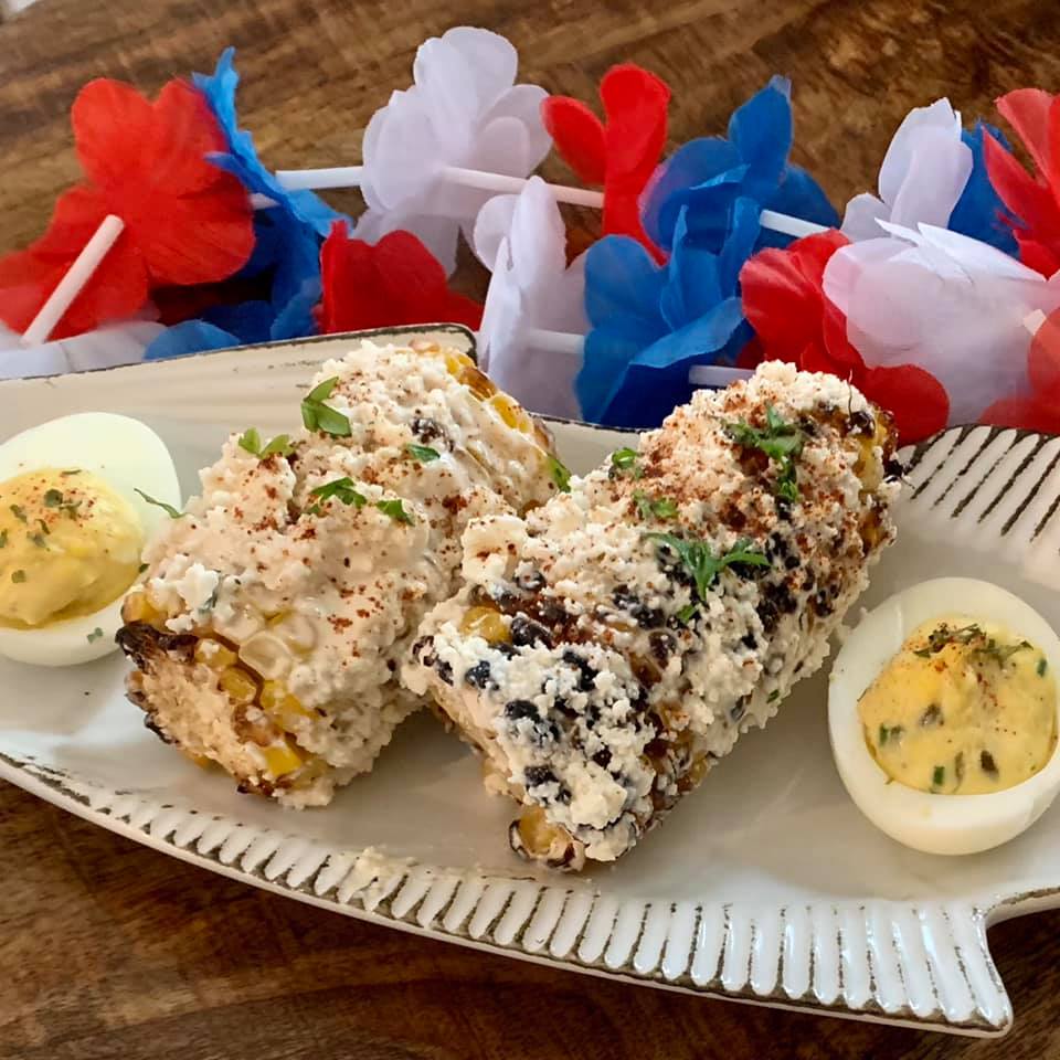 Deviled eggs and Mexican street corn.